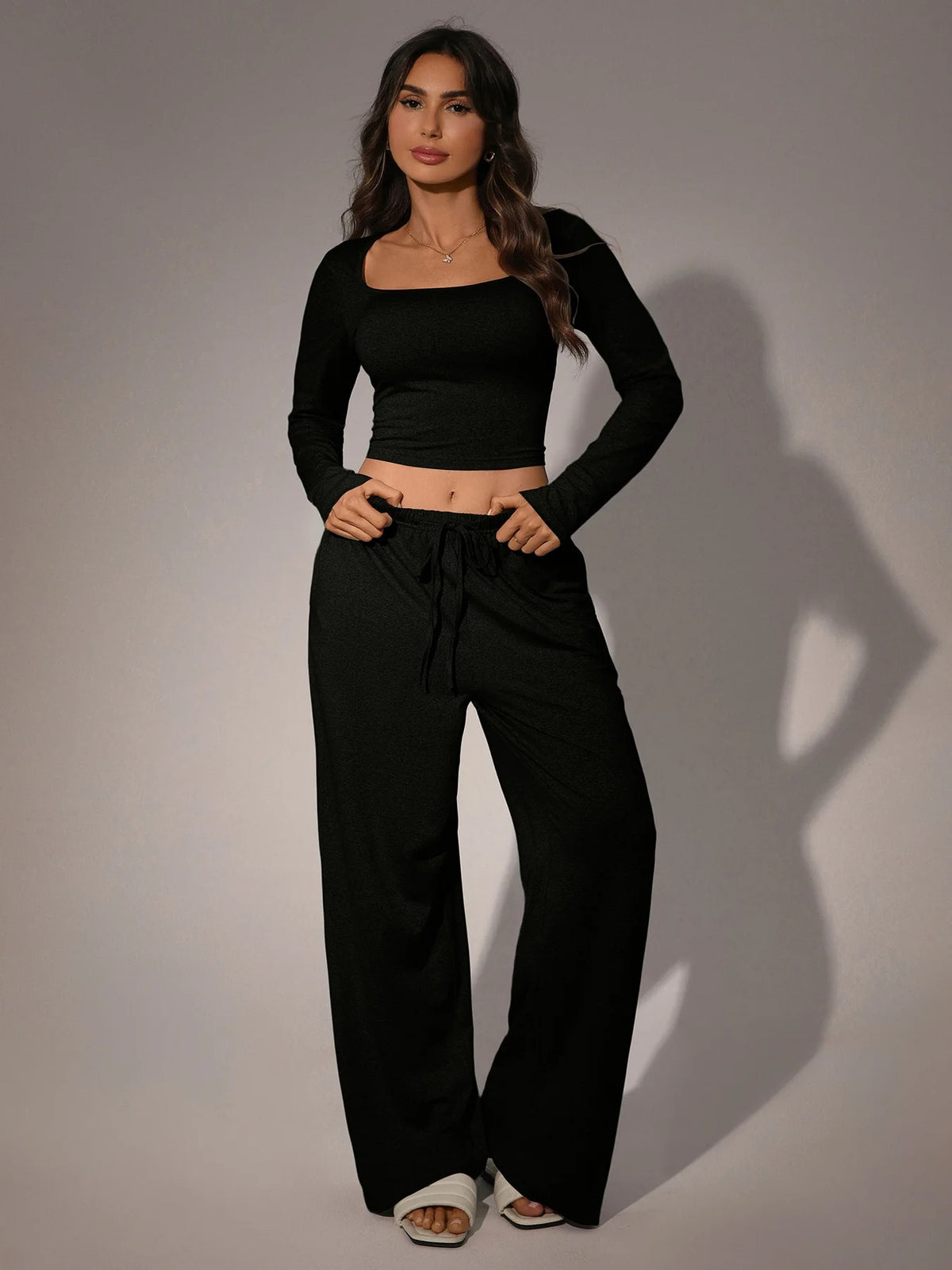 Women's Square-Neck Top and Wide-Leg Pants Set