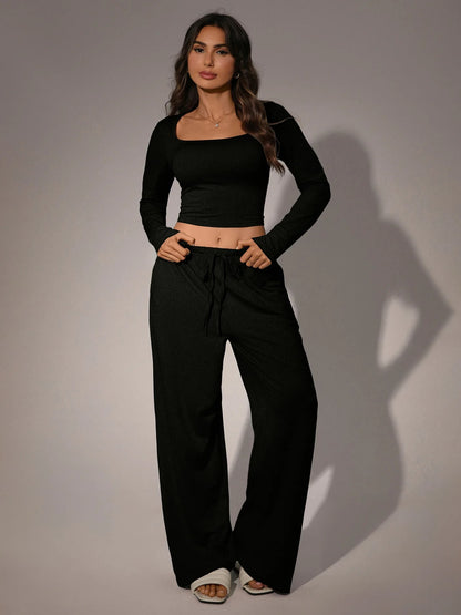 Women's Square-Neck Top and Wide-Leg Pants Set