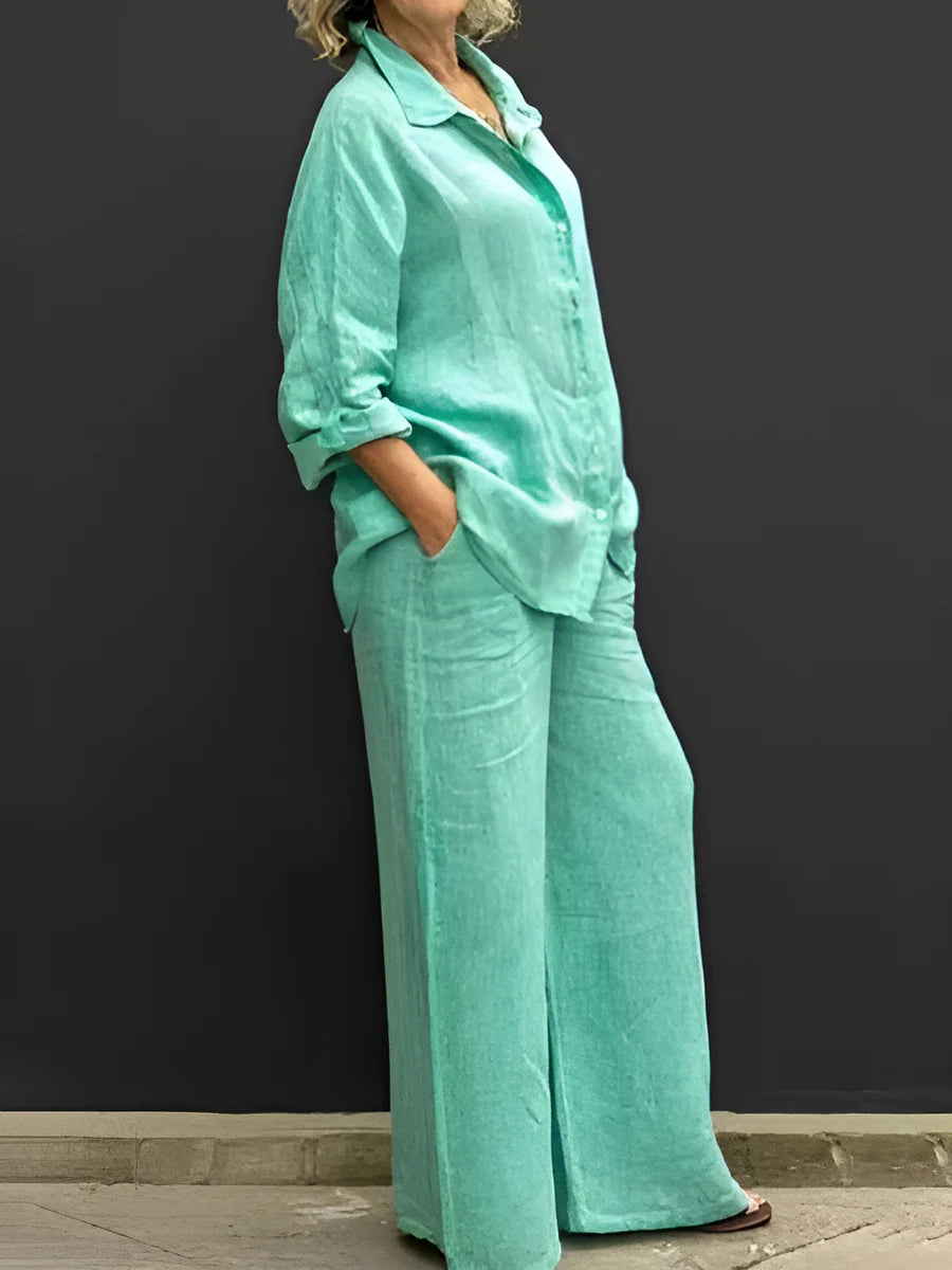 Women's Button-Up Shirt and Wide-Leg Pants Set
