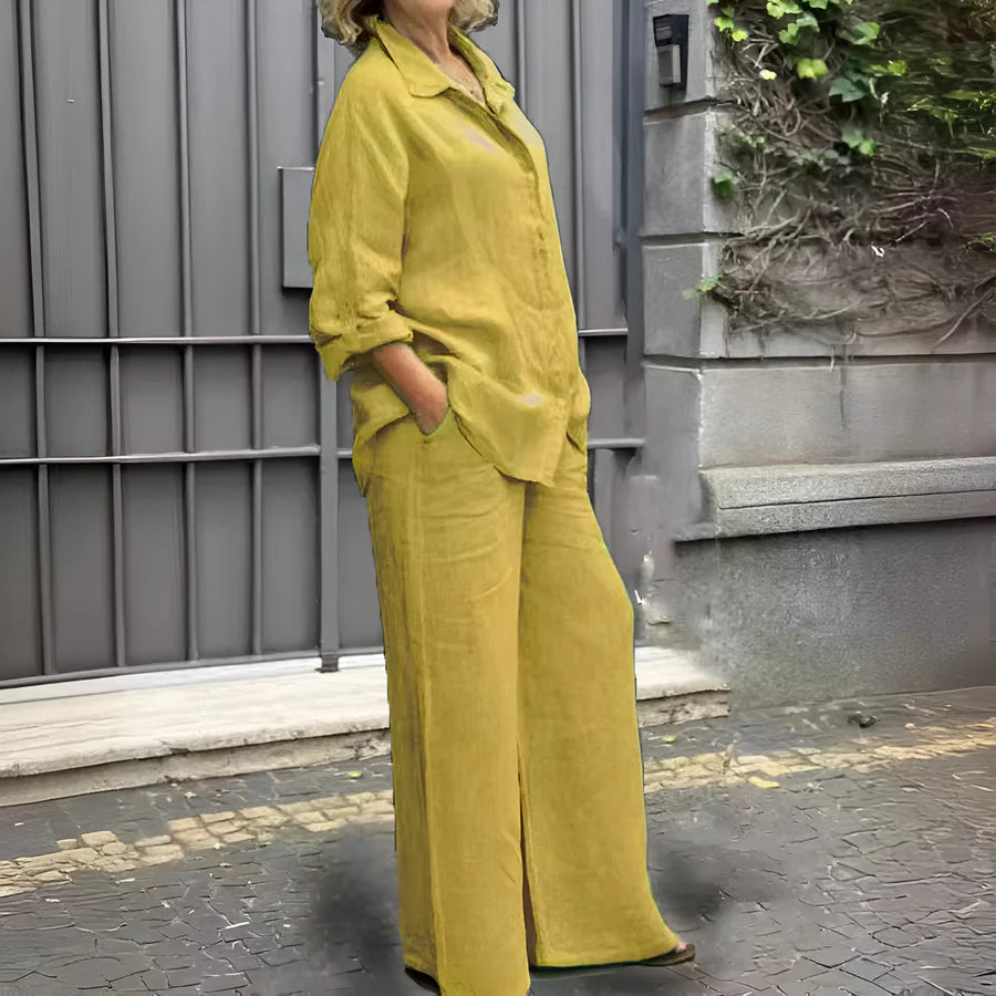 Women's Button-Up Shirt and Wide-Leg Pants Set