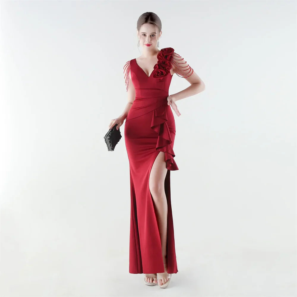 Women's Floral Shoulder Ruffle Evening Gown