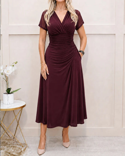 Women's Pleated V-Neck A-Line Dress with Pockets