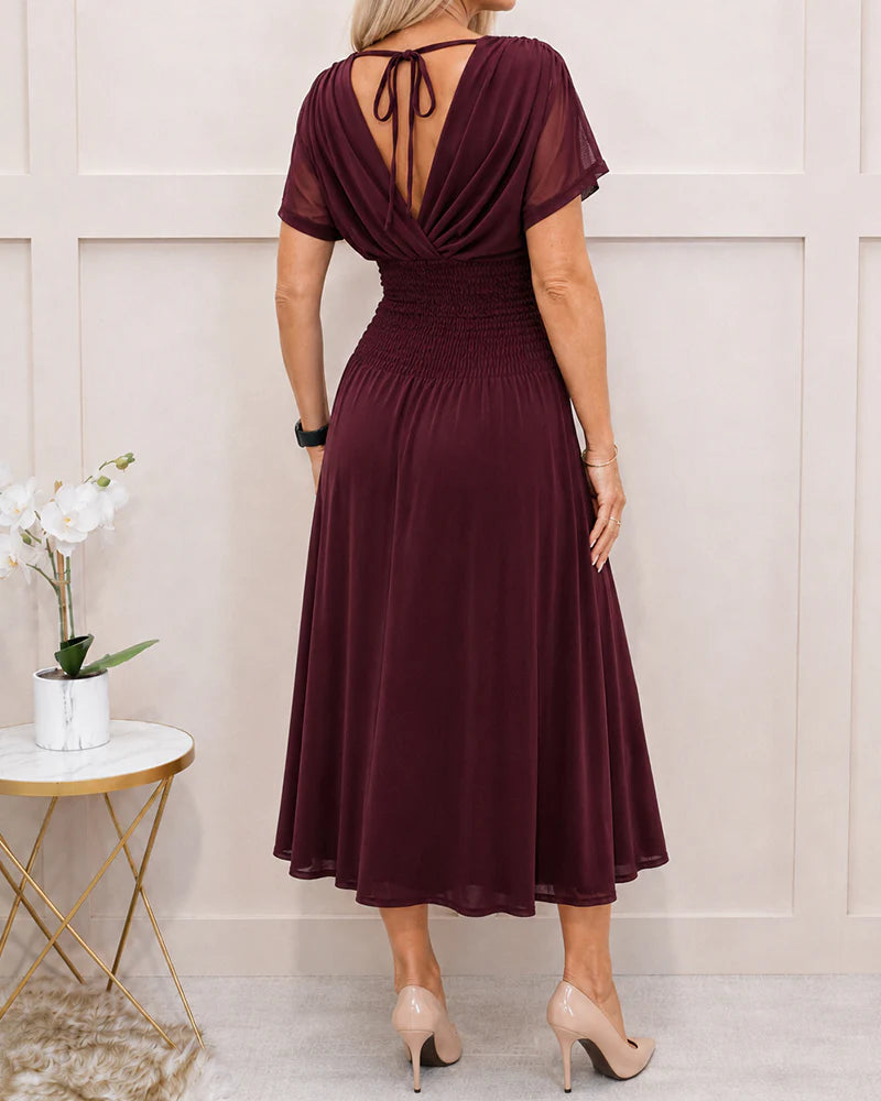 Women's Pleated V-Neck A-Line Dress with Pockets