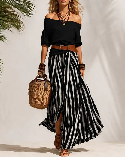 Women's Off-Shoulder Top and Striped Skirt Set