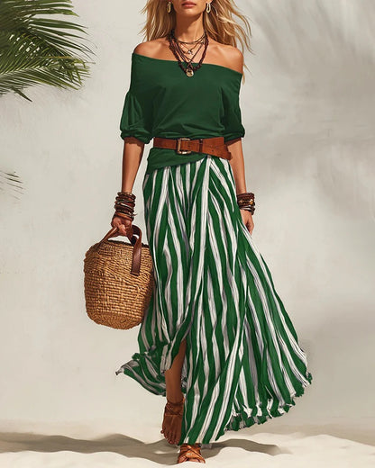 Women's Off-Shoulder Top and Striped Skirt Set