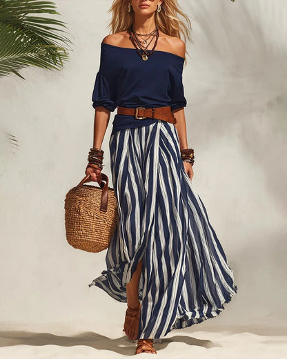 Women's Off-Shoulder Top and Striped Skirt Set