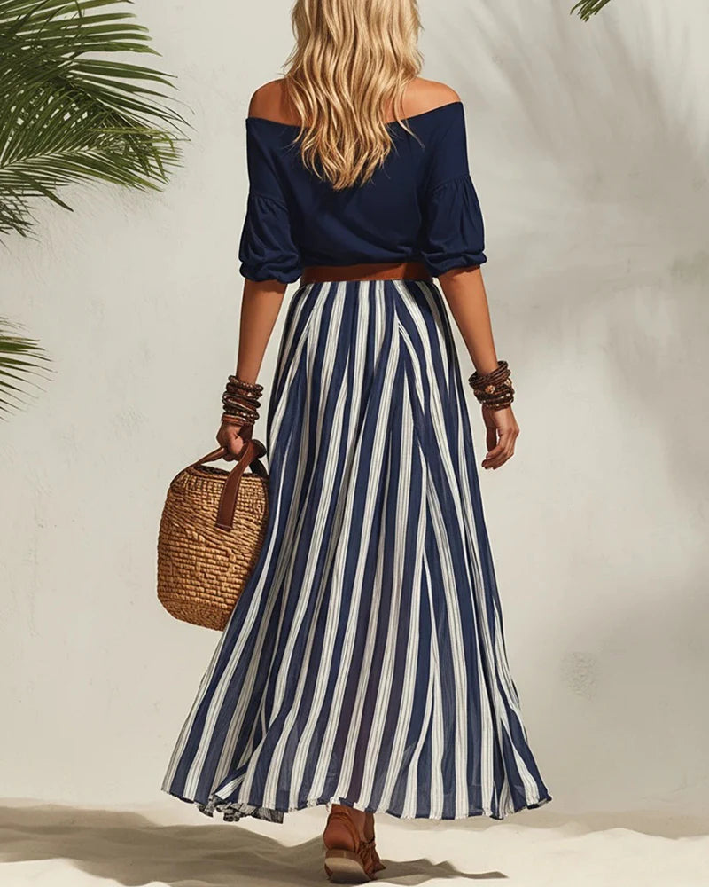 Women's Off-Shoulder Top and Striped Skirt Set