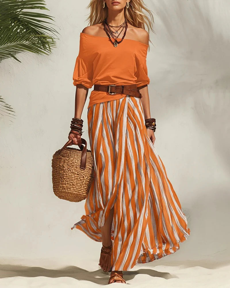 Women's Off-Shoulder Top and Striped Skirt Set
