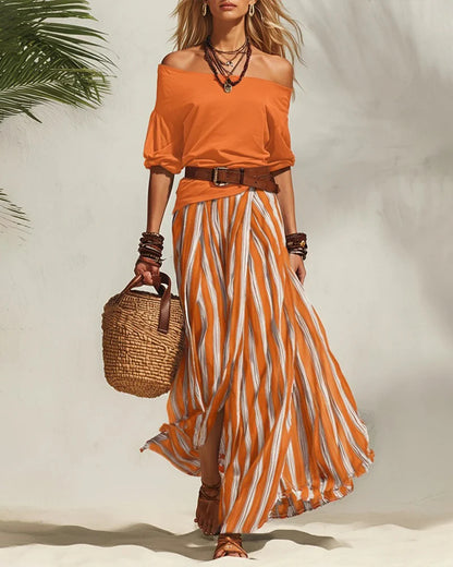 Women's Off-Shoulder Top and Striped Skirt Set