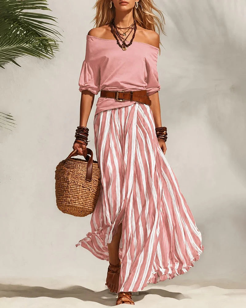 Women's Off-Shoulder Top and Striped Skirt Set