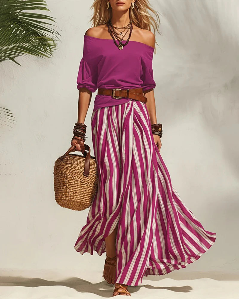 Women's Off-Shoulder Top and Striped Skirt Set