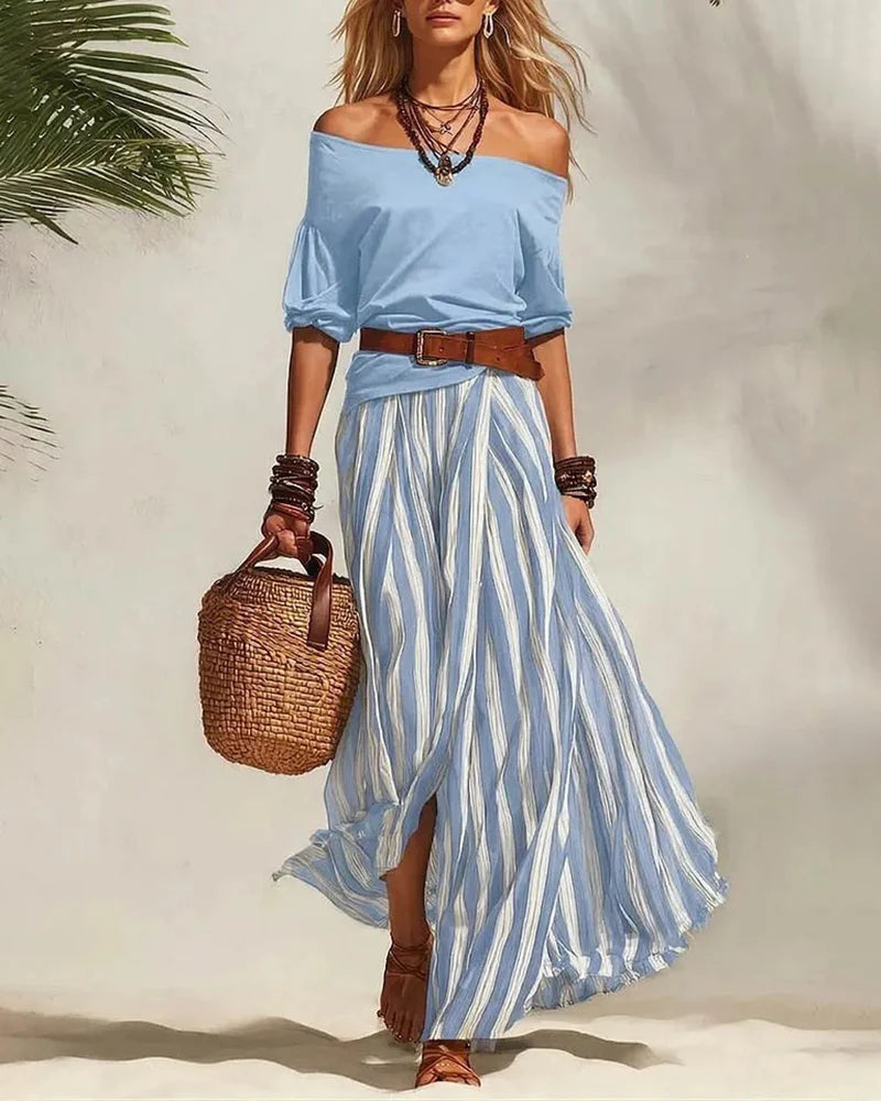Women's Off-Shoulder Top and Striped Skirt Set