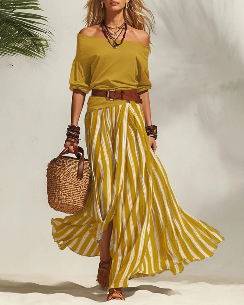 Women's Off-Shoulder Top and Striped Skirt Set