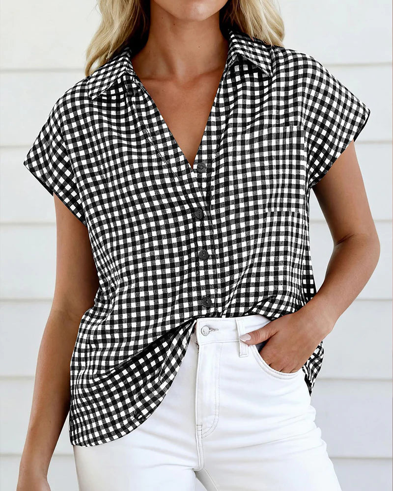 Women's Gingham Button Front Short Sleeve Blouse