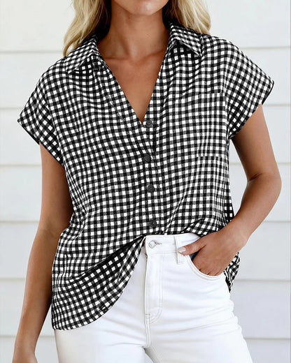 Women's Gingham Button Front Short Sleeve Blouse