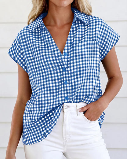 Women's Gingham Button Front Short Sleeve Blouse