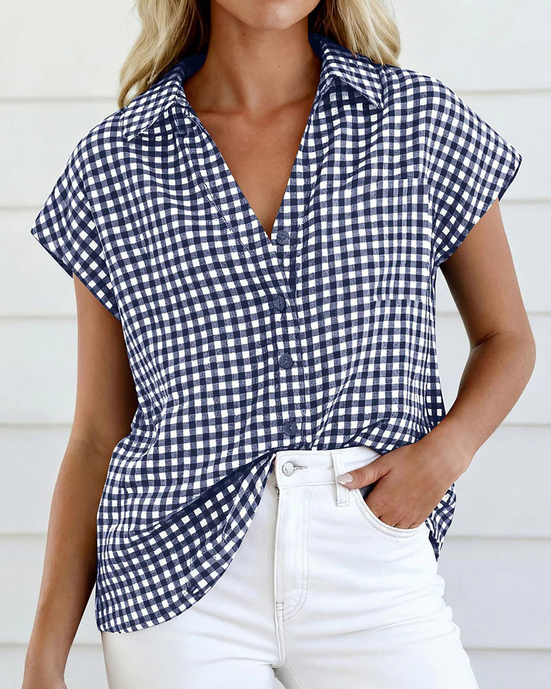 Women's Gingham Button Front Short Sleeve Blouse