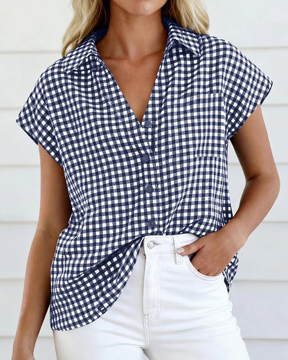 Women's Gingham Button Front Short Sleeve Blouse