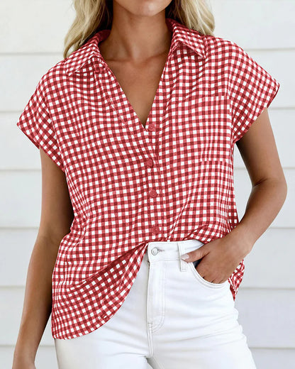 Women's Gingham Button Front Short Sleeve Blouse