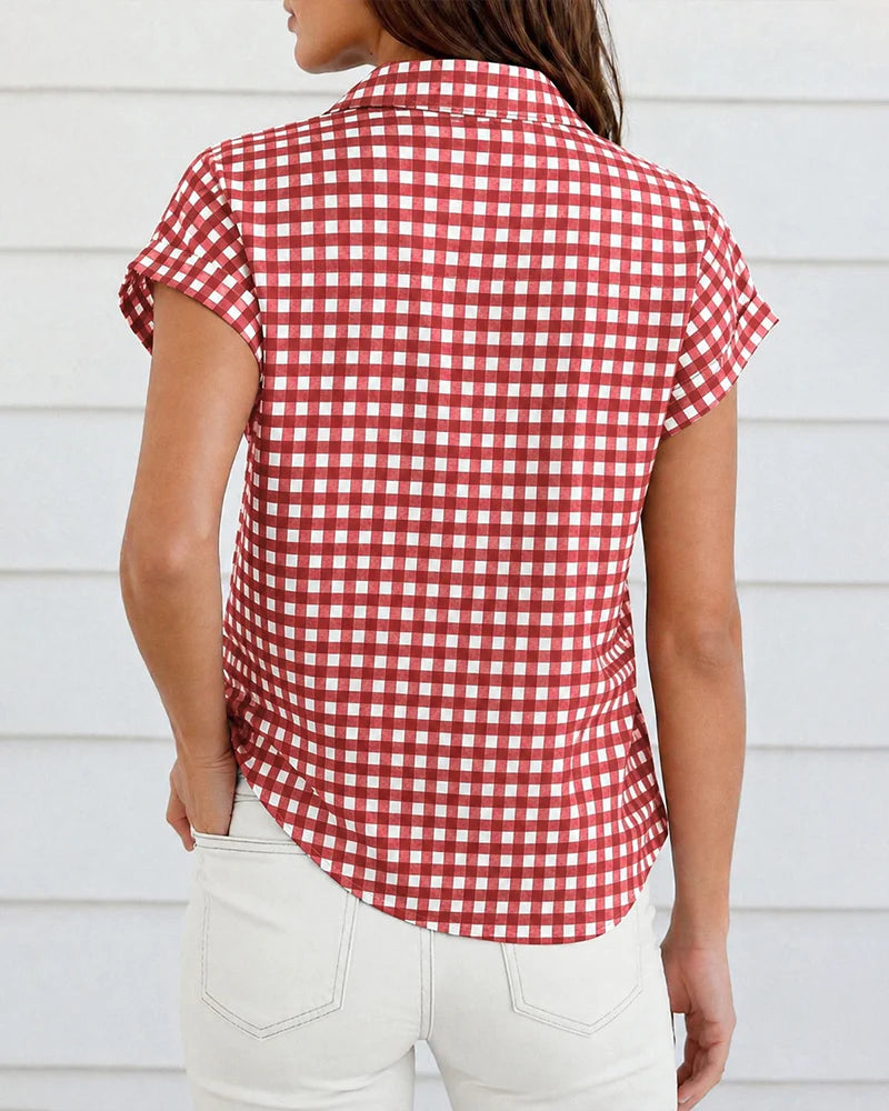 Women's Gingham Button Front Short Sleeve Blouse