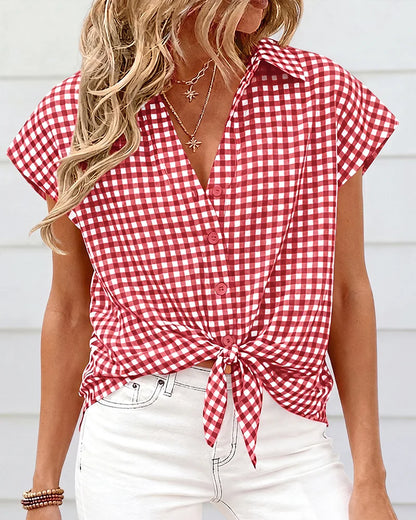 Women's Gingham Button Front Short Sleeve Blouse