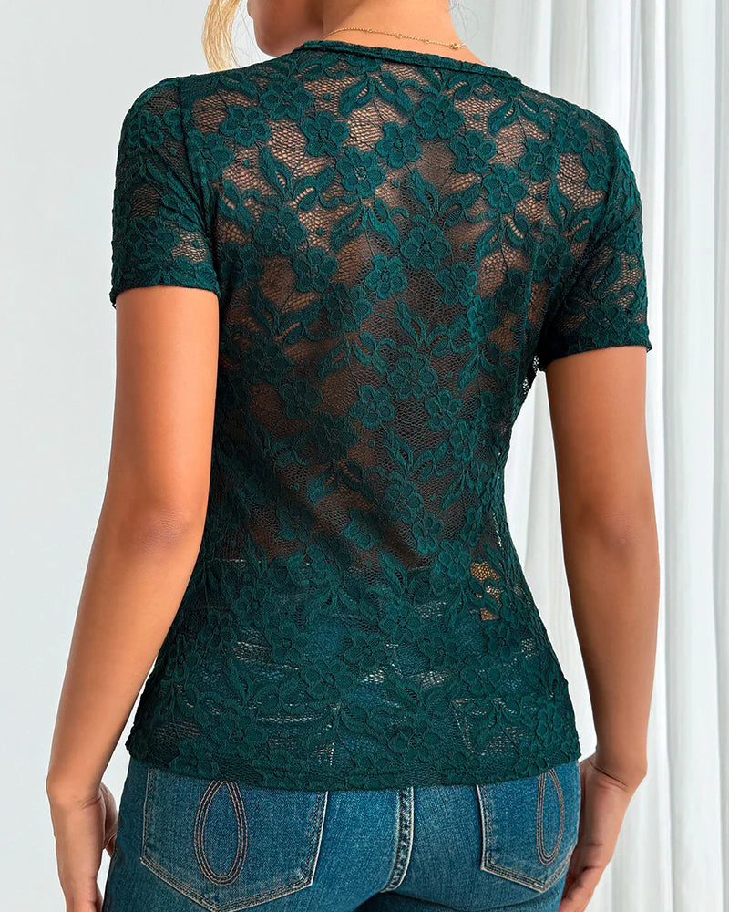 Women's Floral Lace V-Neck Short Sleeve Top