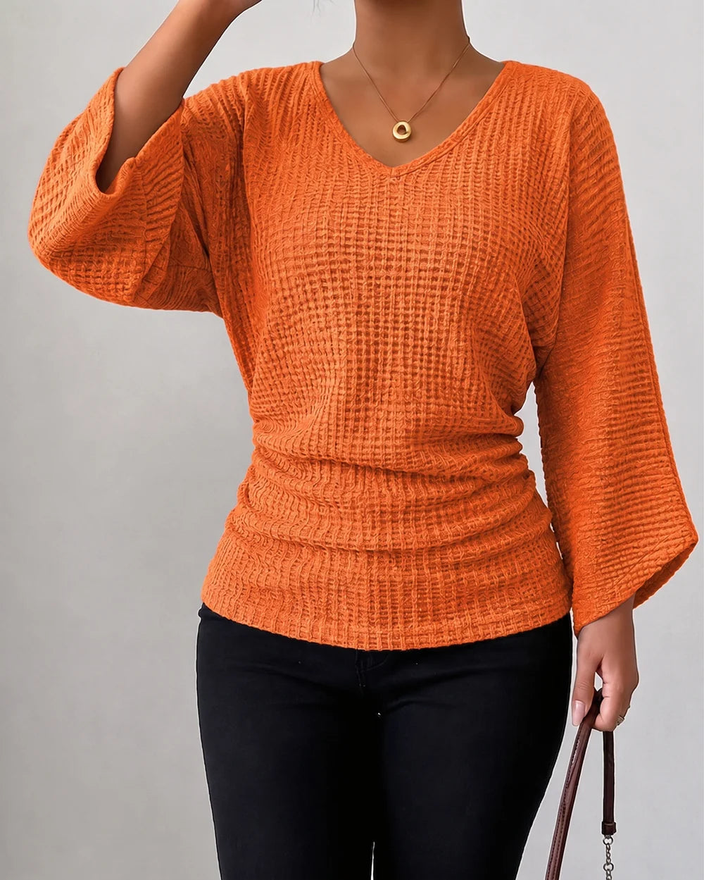 Women's Waffle-Texture V-Neck Top
