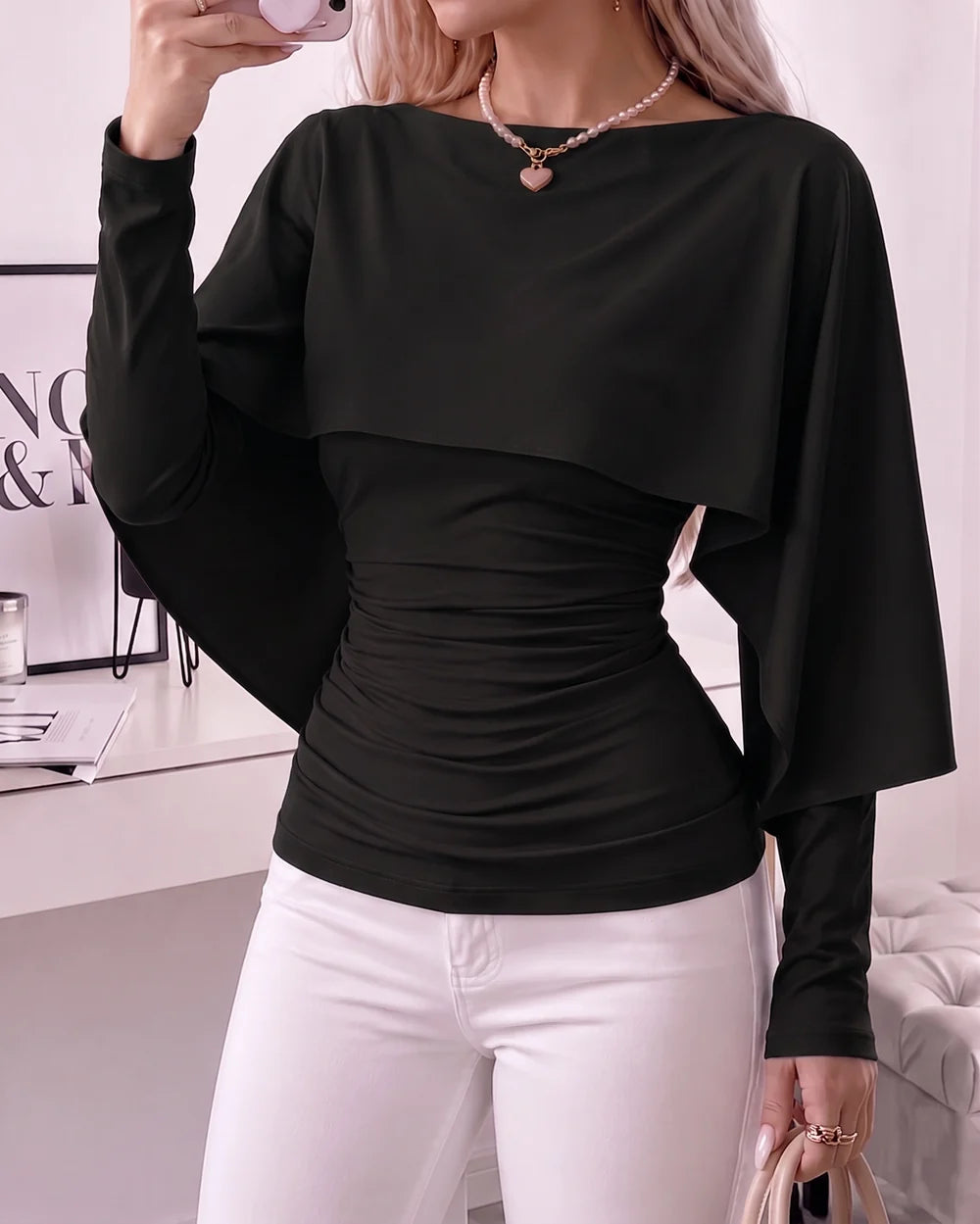 Women's Ruched Boat-Neck Cape Top