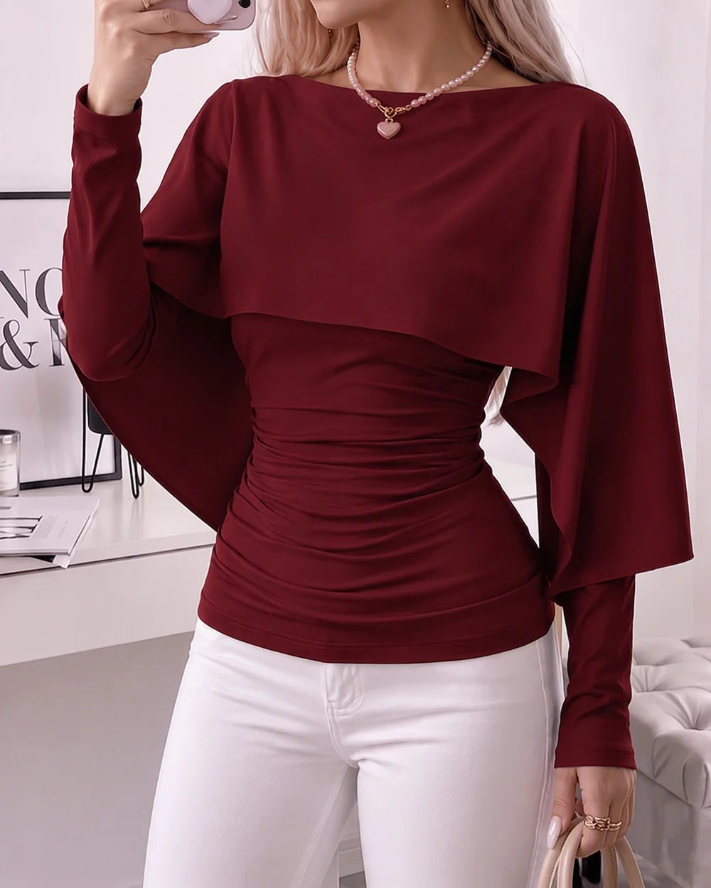 Women's Ruched Boat-Neck Cape Top