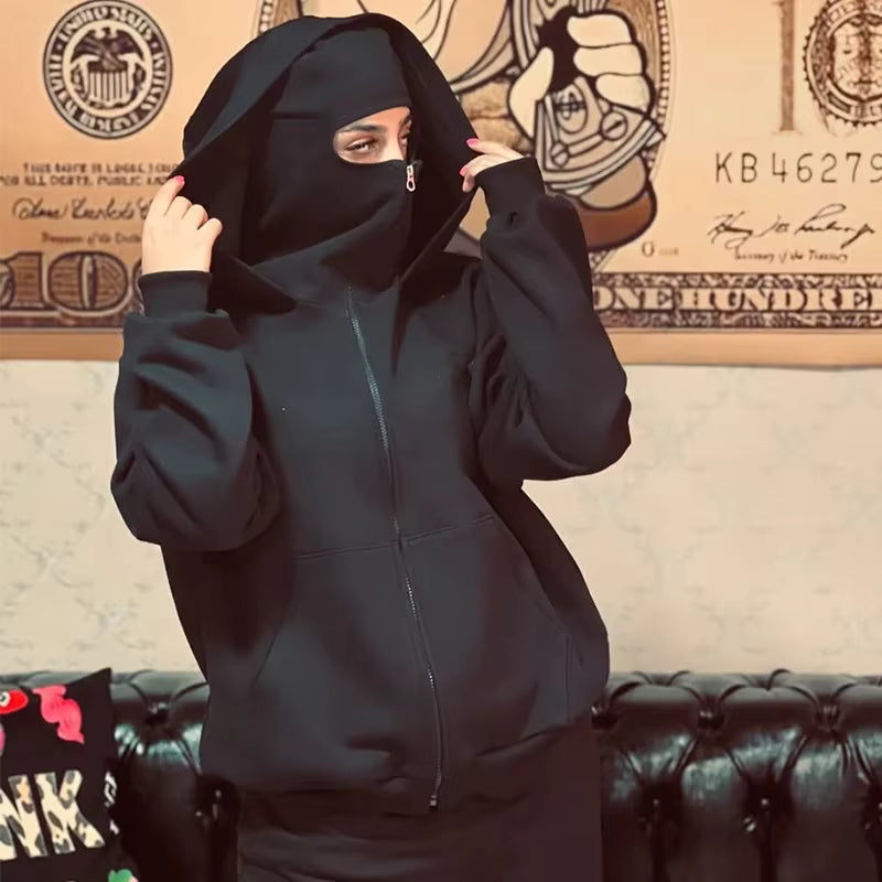 Unisex Zip-Up Hoodie with Face-Covering Hood