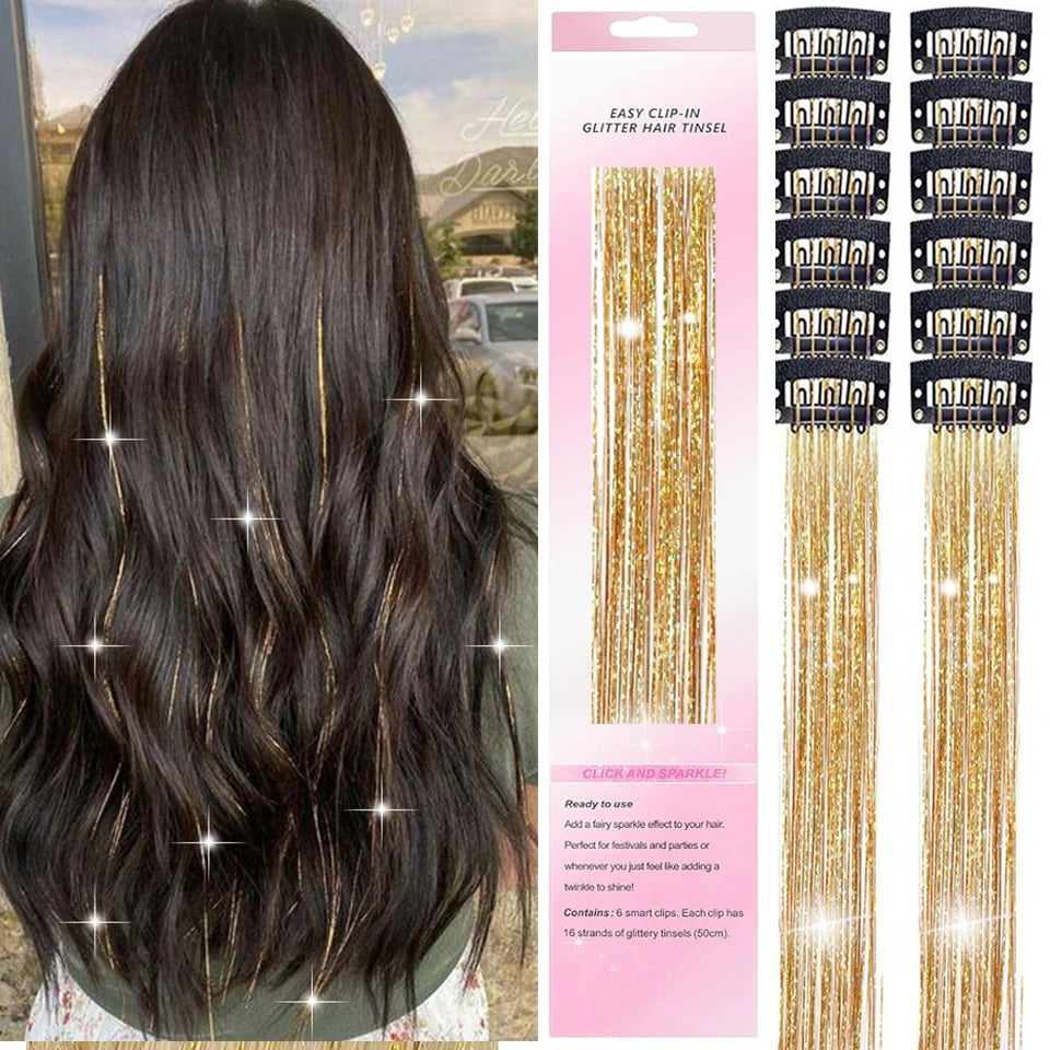 12-Pack Clip-In Sparkle Hair Tinsel Strands