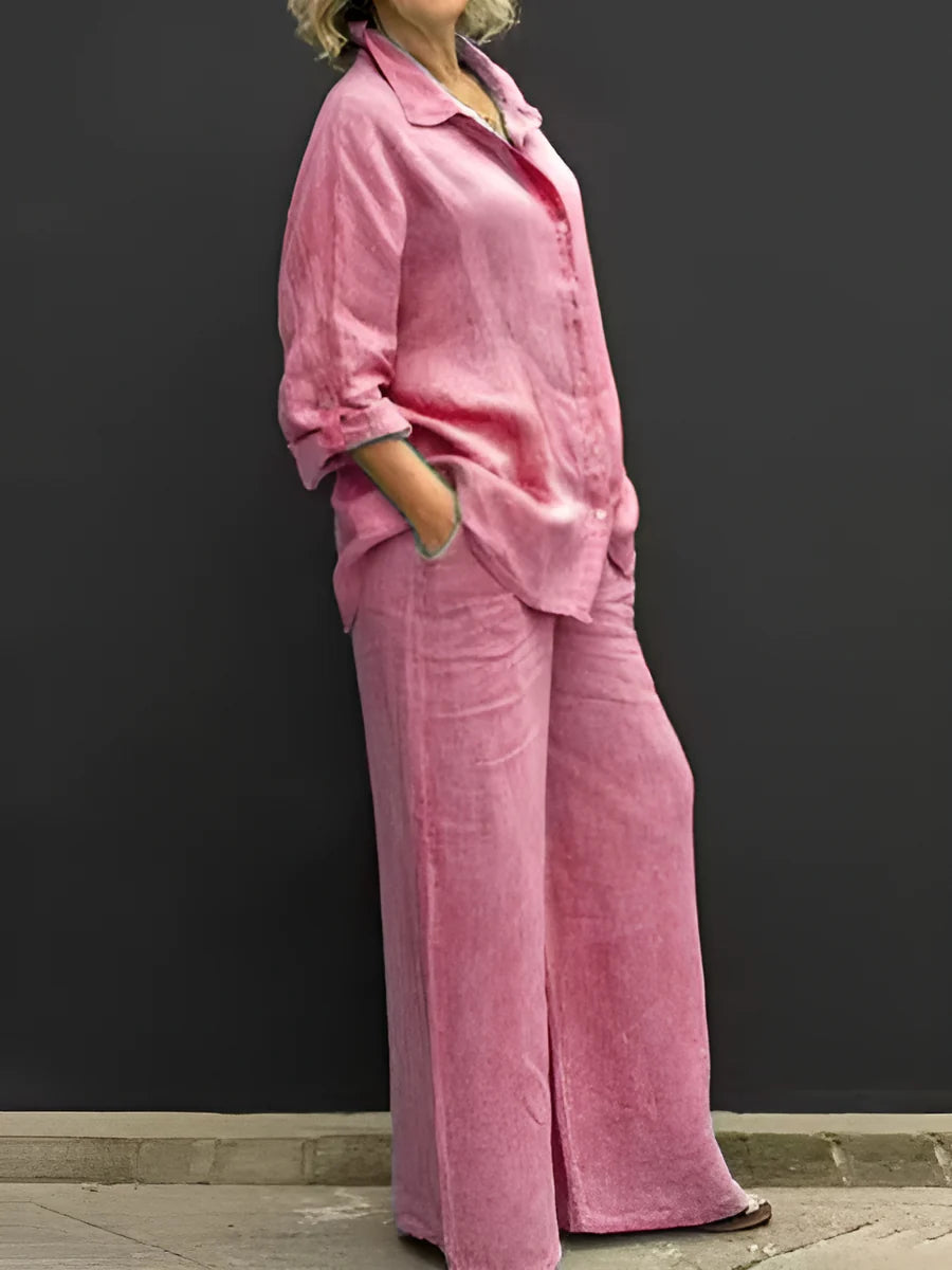 Women's Button-Up Shirt and Wide-Leg Pants Set