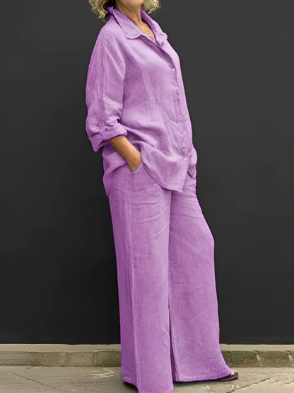Women's Button-Up Shirt and Wide-Leg Pants Set
