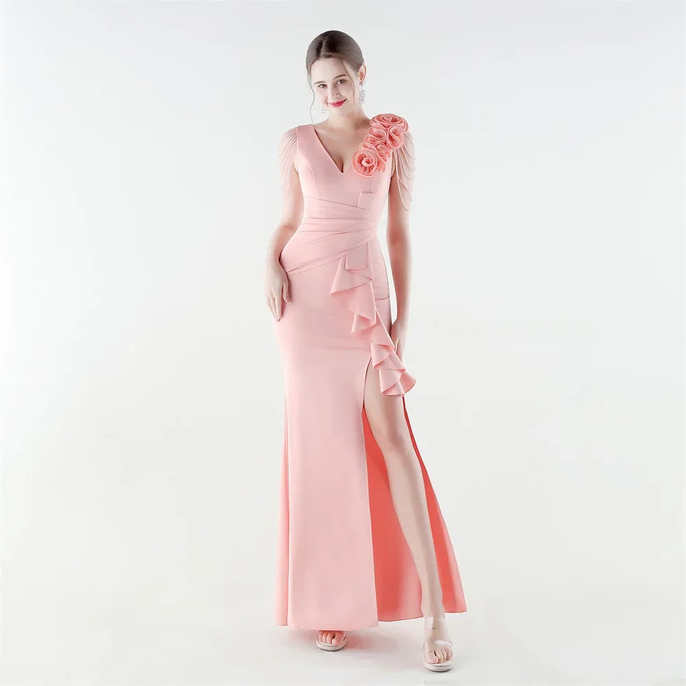 Women's Floral Shoulder Ruffle Evening Gown