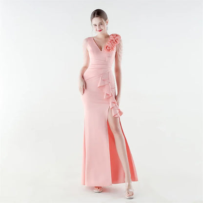 Women's Floral Shoulder Ruffle Evening Gown