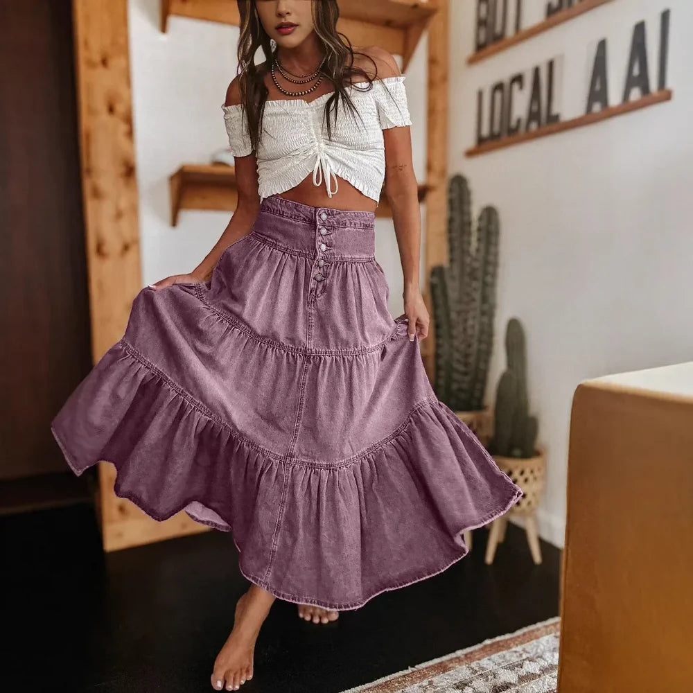 Women's Tiered Denim Maxi Skirt