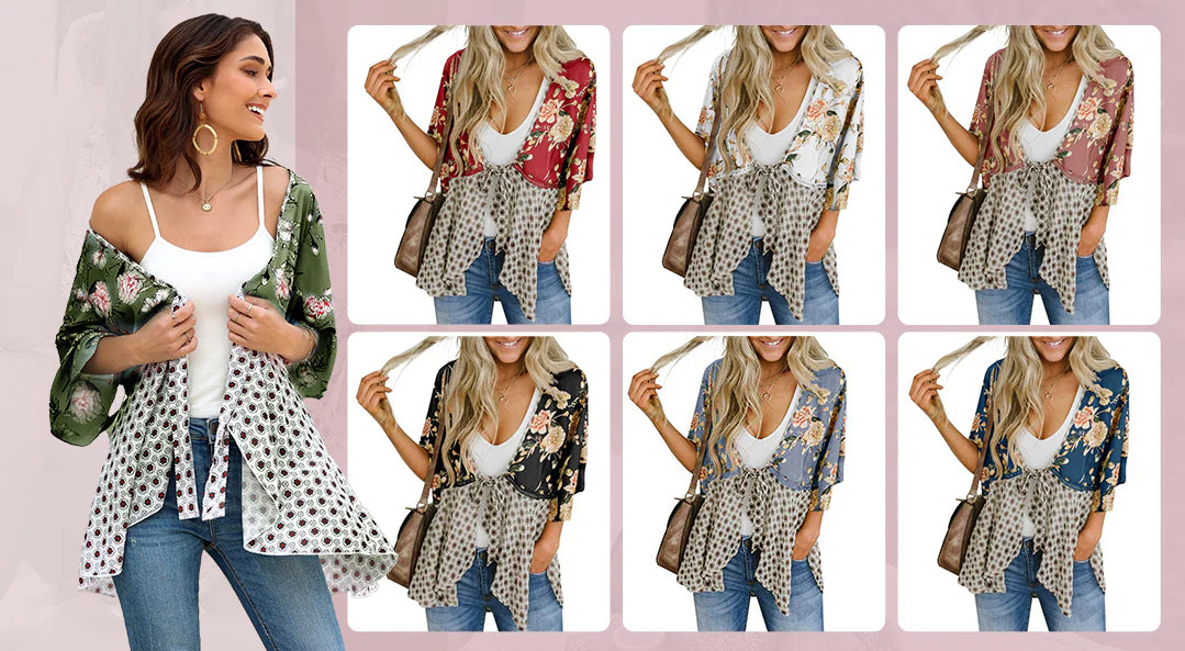 Women's Floral Patchwork Tie-Front Boho Cardigan