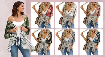 Women's Floral Patchwork Tie-Front Boho Cardigan