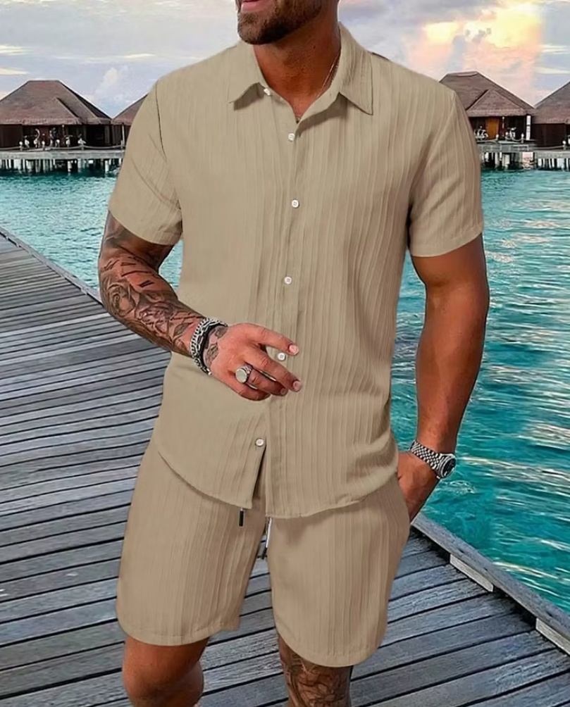 Men’s Textured Short Sleeve Shirt and Shorts Set