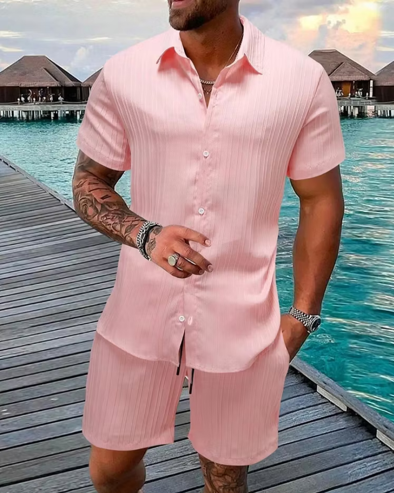 Men’s Textured Short Sleeve Shirt and Shorts Set