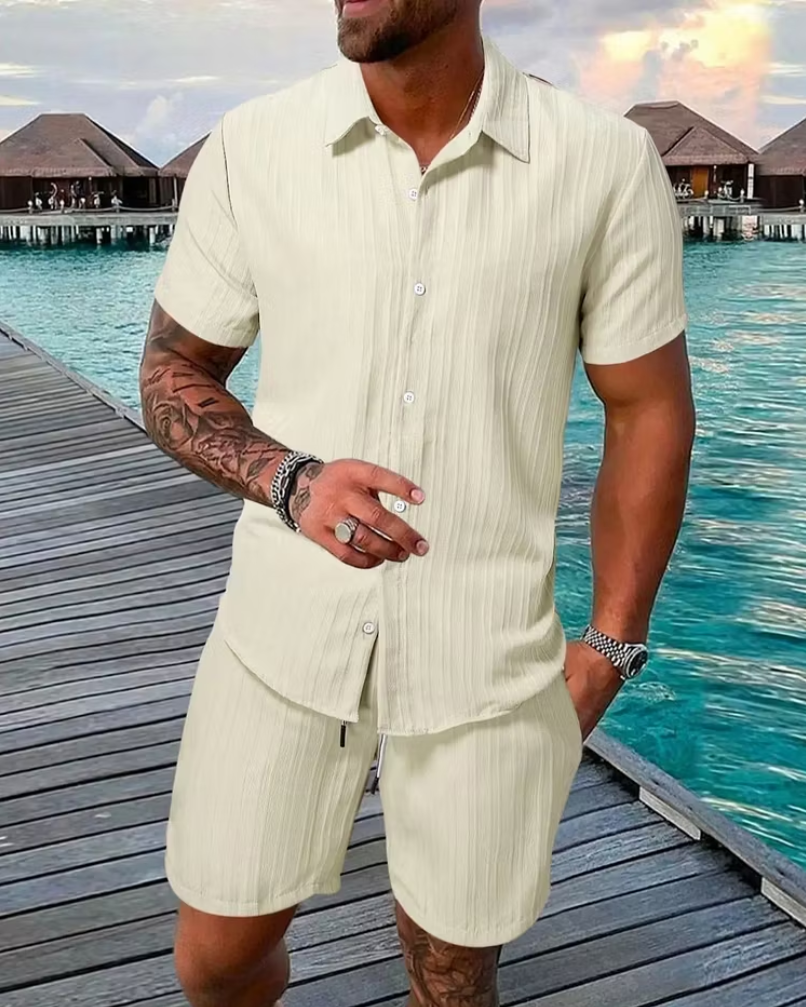 Men’s Textured Short Sleeve Shirt and Shorts Set