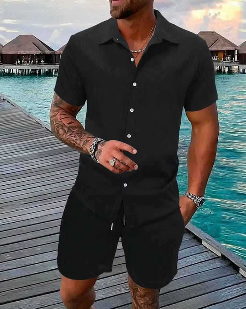 Men’s Textured Short Sleeve Shirt and Shorts Set