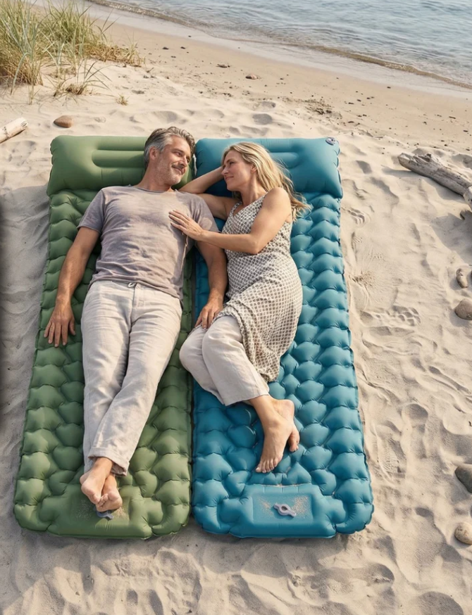 Inflatable Camping Sleeping Pad with Built-In Pillow