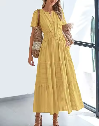 Women's Short Sleeve Tiered Maxi Dress