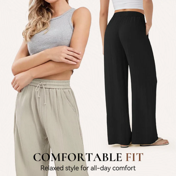 Women’s Relaxed Drawstring Linen Blend Wide Leg Pants