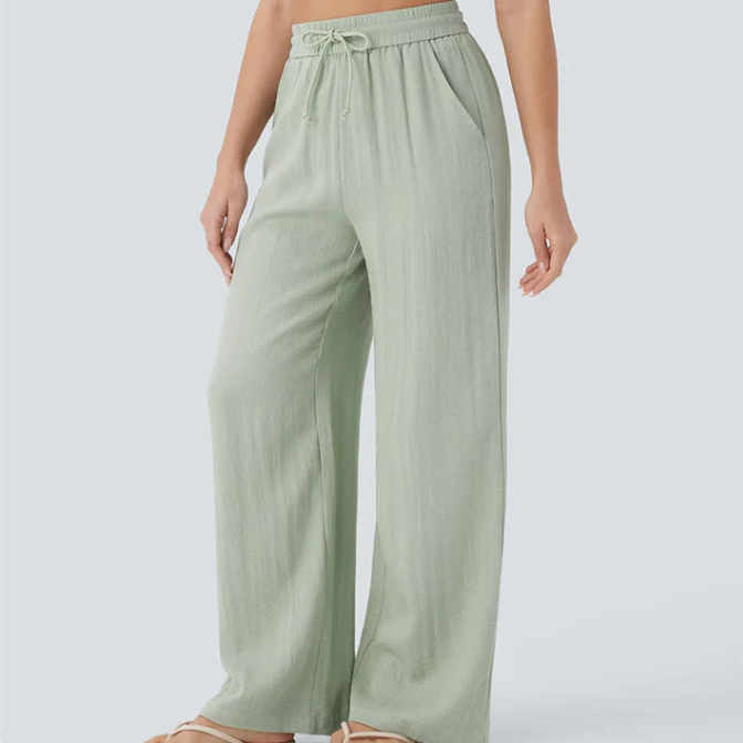 Women’s Relaxed Drawstring Linen Blend Wide Leg Pants