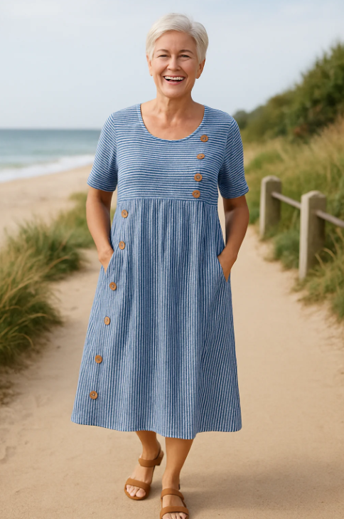 Women’s Casual Striped Button A-Line Midi Dress