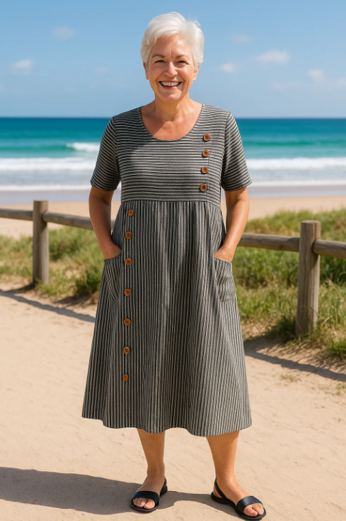 Women’s Casual Striped Button A-Line Midi Dress