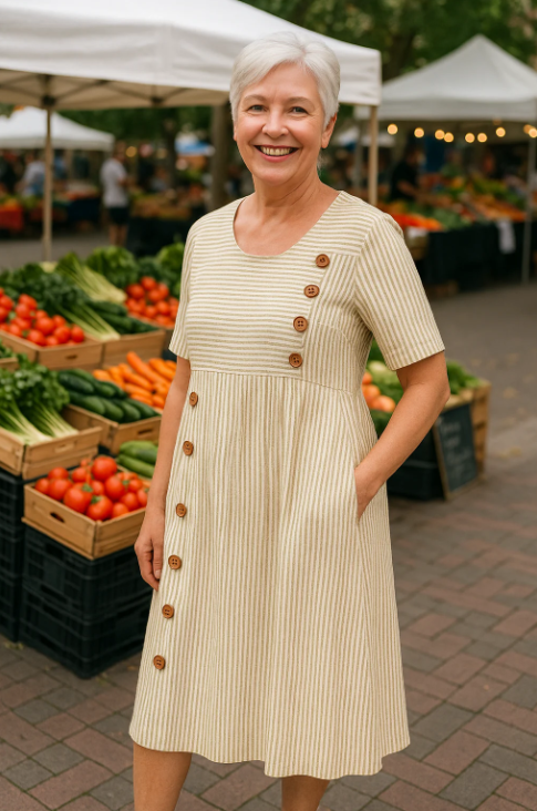 Women’s Casual Striped Button A-Line Midi Dress
