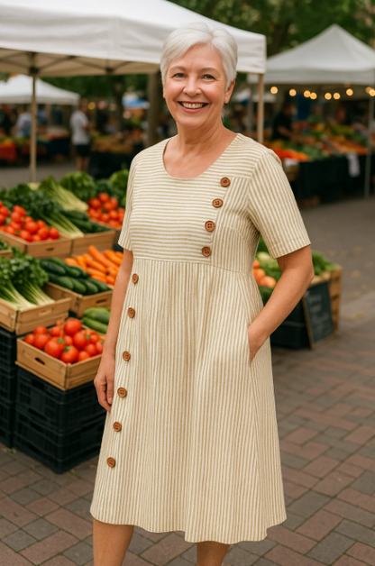 Women’s Casual Striped Button A-Line Midi Dress